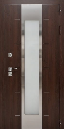 Входная уличная термодверь со стеклопакетом и коричневыми плитами МДФ